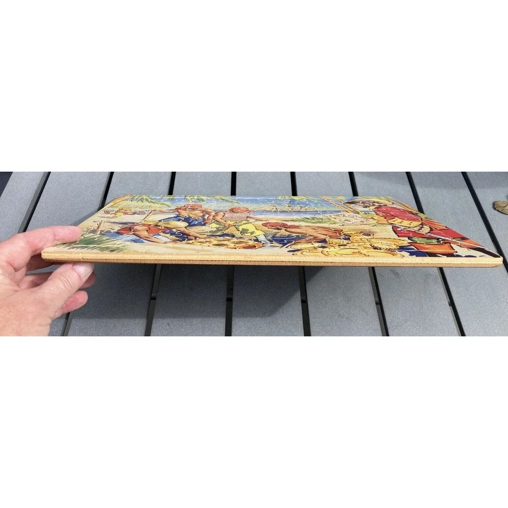 Vintage childs wood wooden jigsaw puzzle pirates digging for treasure 1960's